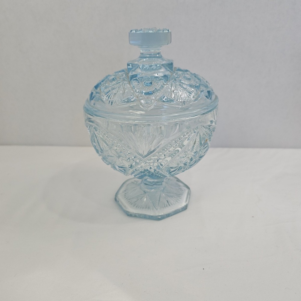 Vintage Crystal Ice Blue Covered Candy Dish